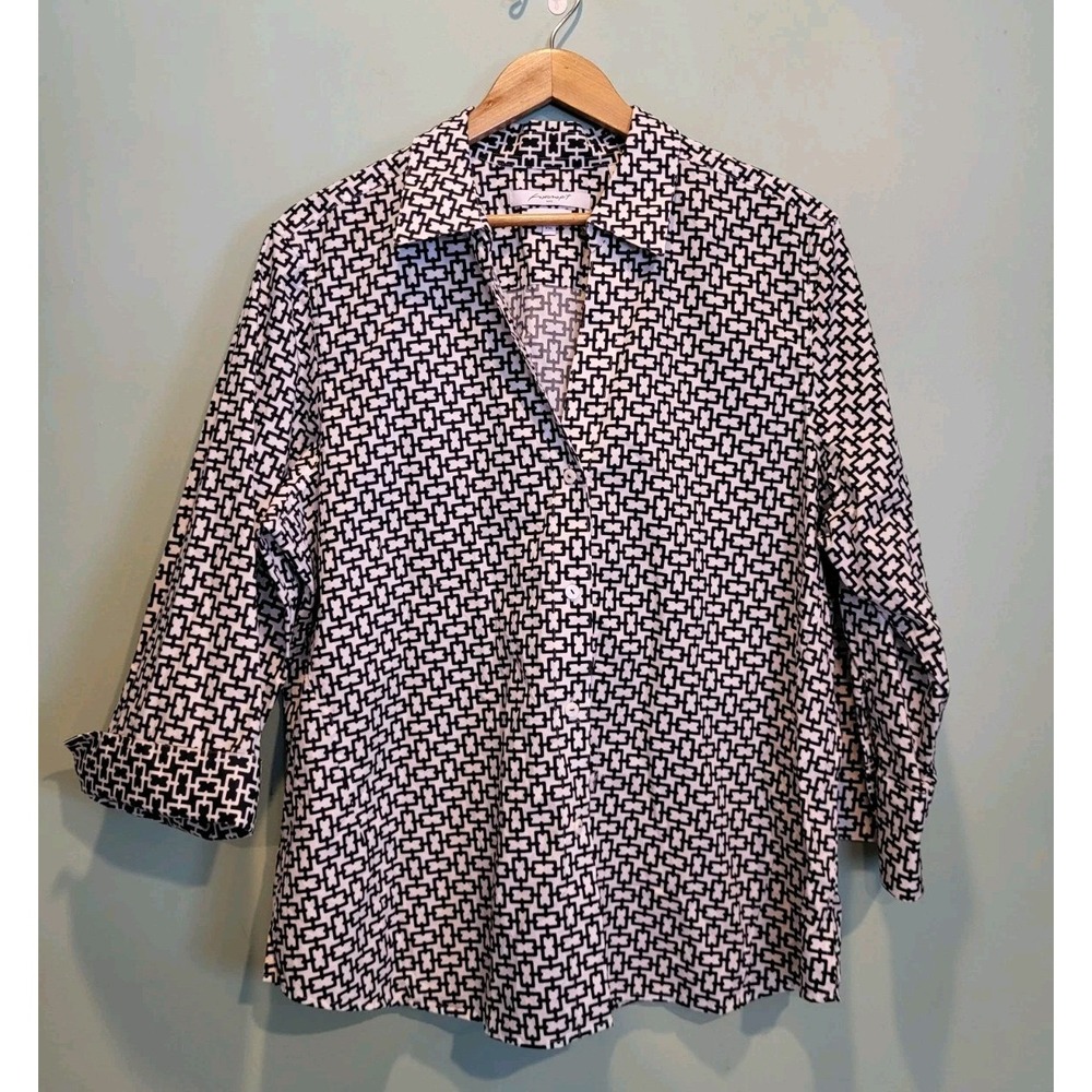 Foxcroft Black White Geometric 3/4 Flip Cuff Sleeve Button Up Blouse Sz 2X